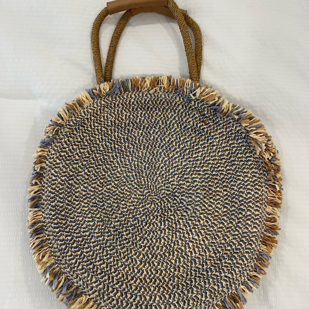 Woven Round Tote Bag - Tan and Cream